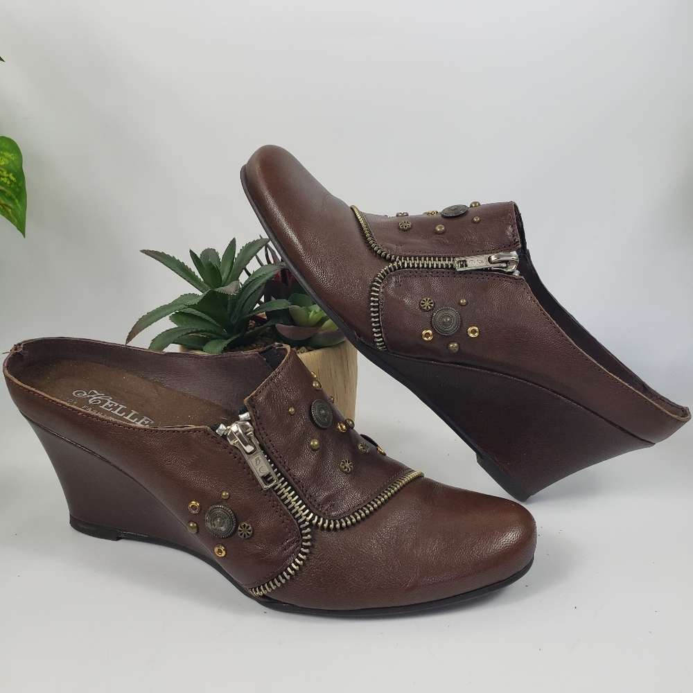 Helle Chocolate Brown Wedge Leather Stud Gromme Zipper Mule Heel Spain s…